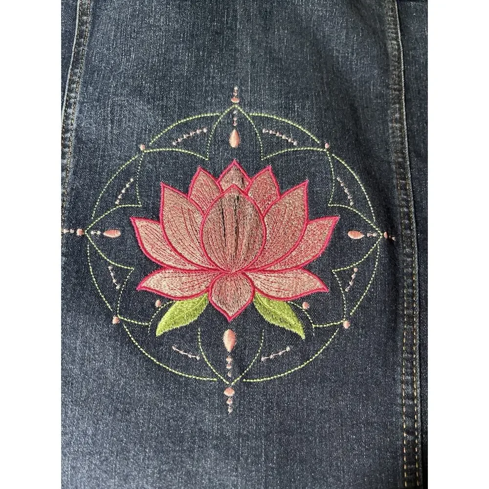 Custom Embroidered Denim Jacket Time & Tru Medium Boho Pink Lotus Mandala Ripple - Picture 2 of 6